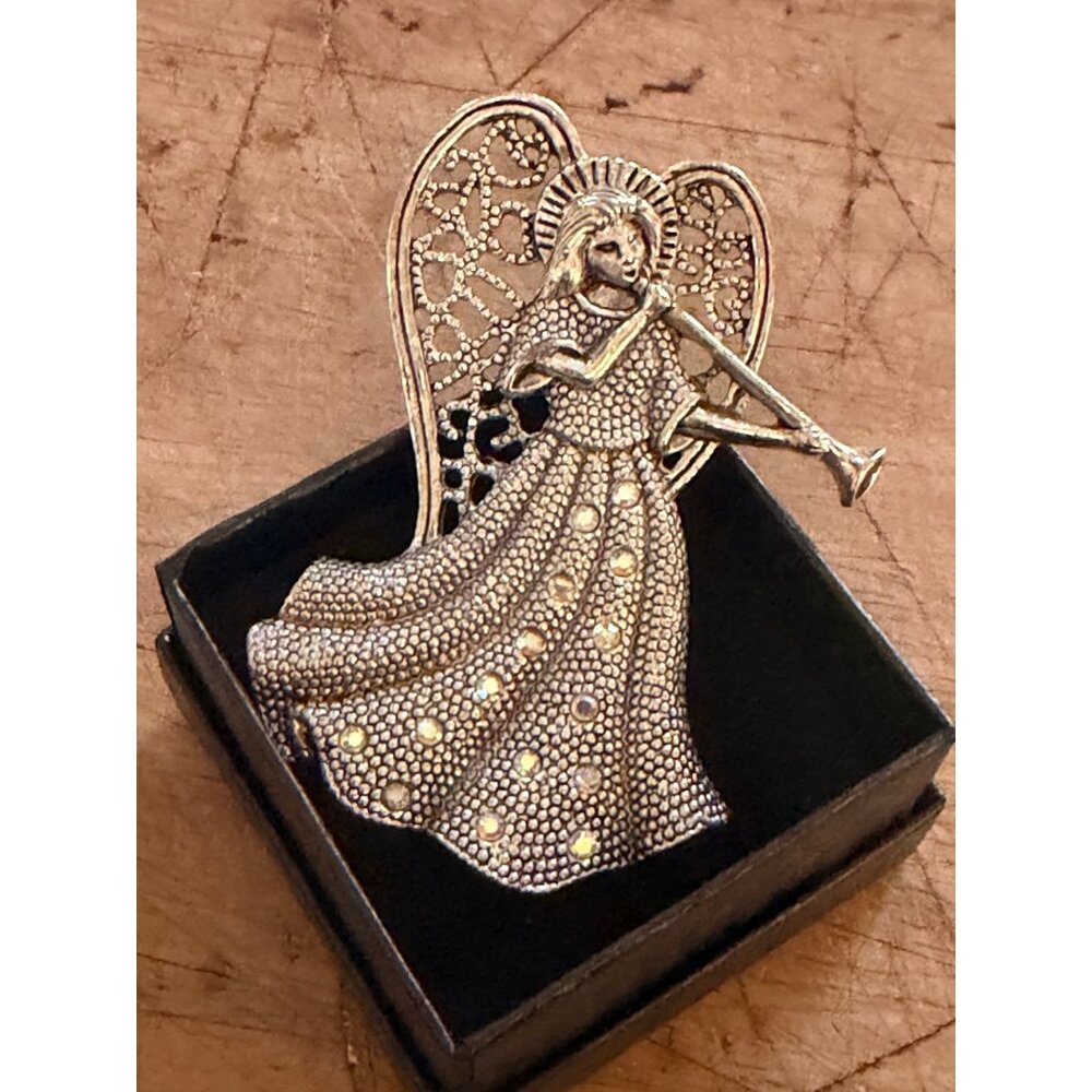 Vintage Silver Angel Brooch With Filigree Wings & Crystal Accents